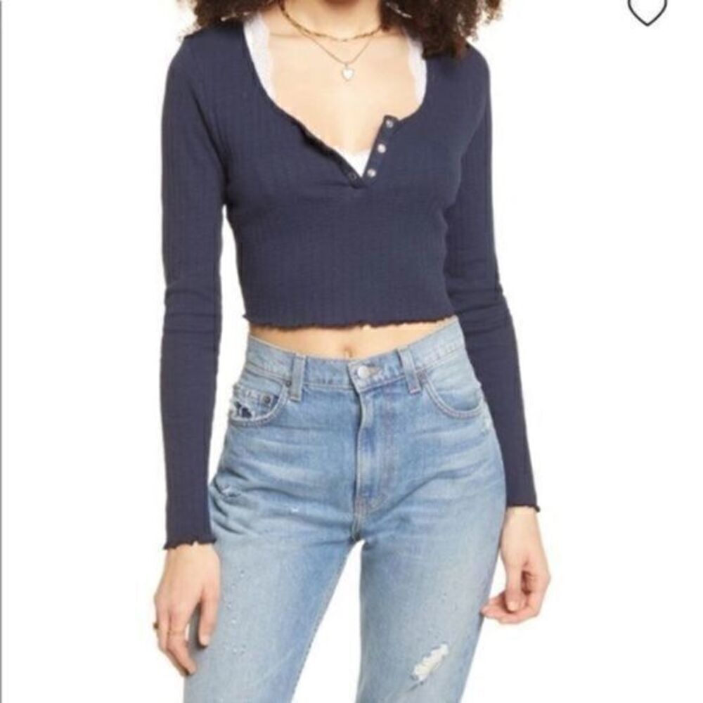 Bp Nordstrom Crop Cropped Henley Top Textured Rib Knit Navy Blue Large NWT